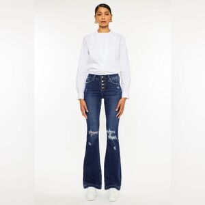 KanCan Women’s Dark Blue Abigail Petite Fit Button-fly Flares Size 9/28P